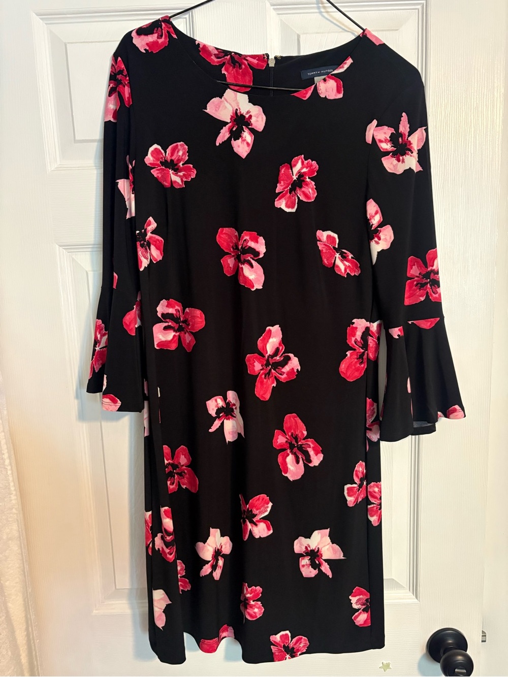 Tommy Hilfiger Black Long-Sleeve Shift Dress with Pink Floral Print. Never worn!